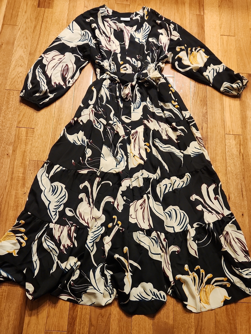 Black Floral Maxi Dress with Cream and Yellow Accents Size 16p